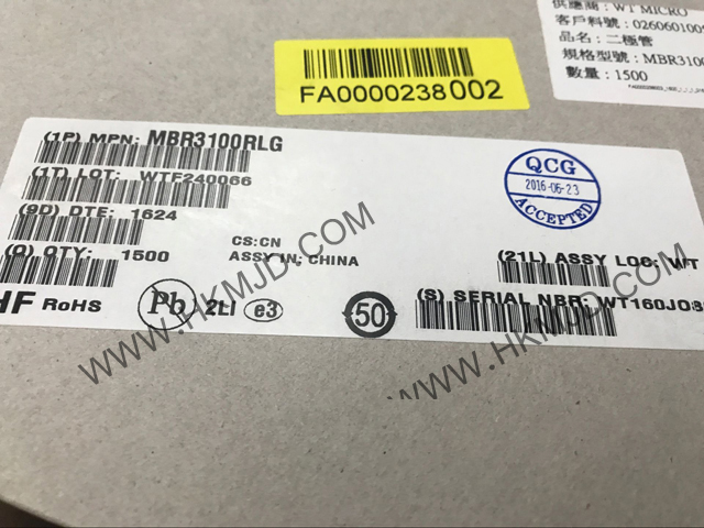 【ON经销商】分立半导体 MBR3100RLG 肖特基二极管与整流器 3A 100V