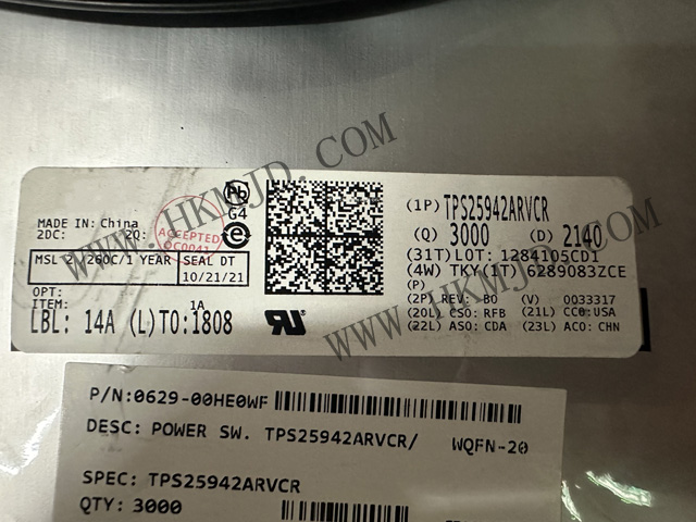 PMIC TPS25942ARVCR 2.7V 至 18V、42mΩ、0.6A 至 5.2A 电子保险丝
